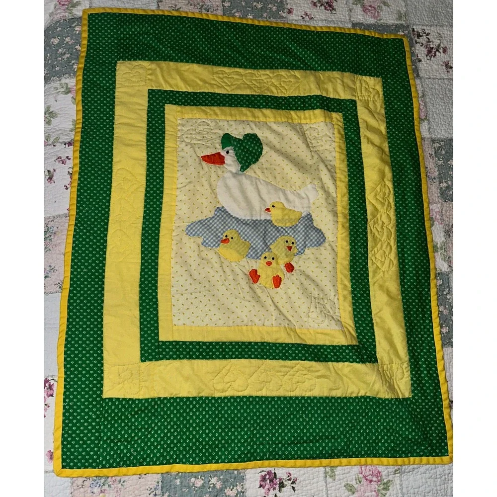 Vintage Baby Blanket - Mama Duck and Ducklings Hand Quilted